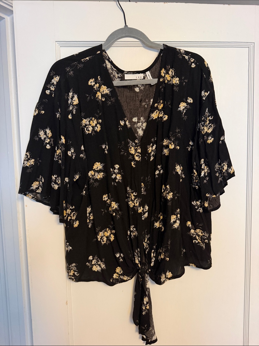 Tie-Front Black Floral Blouse with Yellow Accents